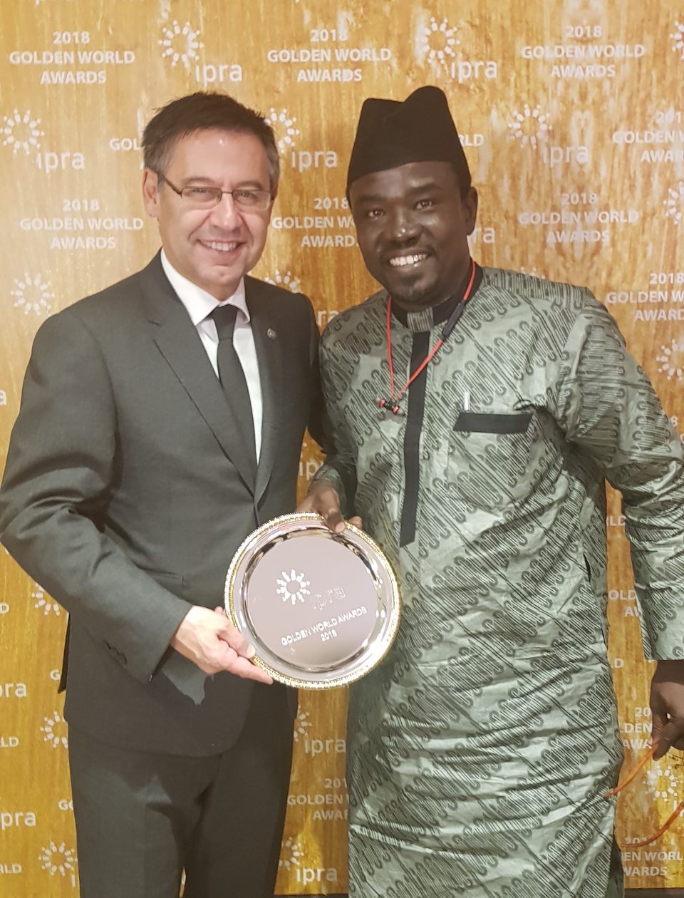 President of FC Barcelona Josep Maria Bartomeu and PRNigeria Chief Yushau Shuaib at IPRA GWA in Barcelona