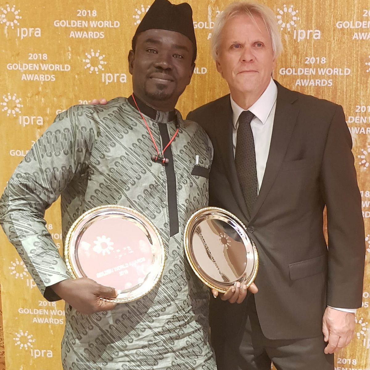 Yushau Shuaib of PRNigeria with President IPRA Bart de Vries after receiving two Golden World Awards in Barcelona
