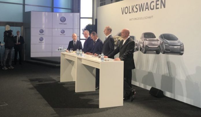 Volkswagen chiefs announcing the $50billion e-vehicle offensive