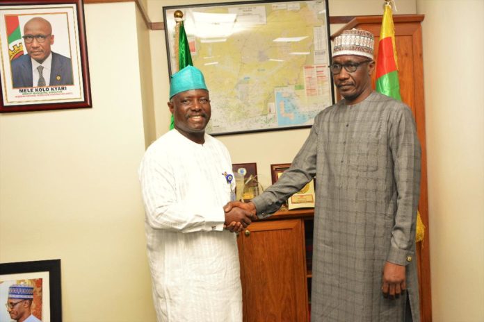 NNPC GMD, Mallam Mele Kyari, welcoming the Director General of the National Oil Spill Detection and Response Agency (NOSDRA), Mr. Idris Musa, on a courtesy visit