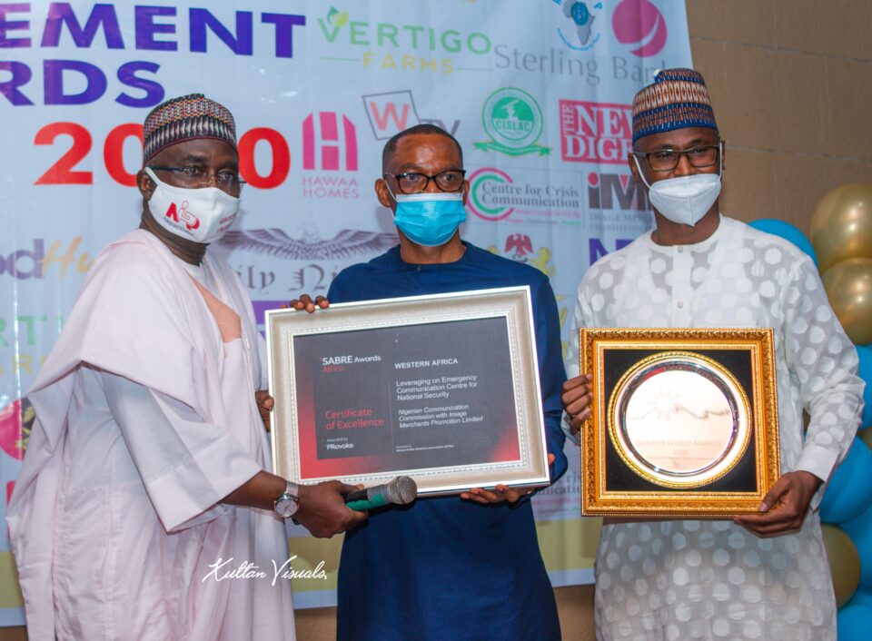 President NIPR Presents Africa and Golden World Award in PR to Spokesperson of NCC at SAEMA AWards in Abuja