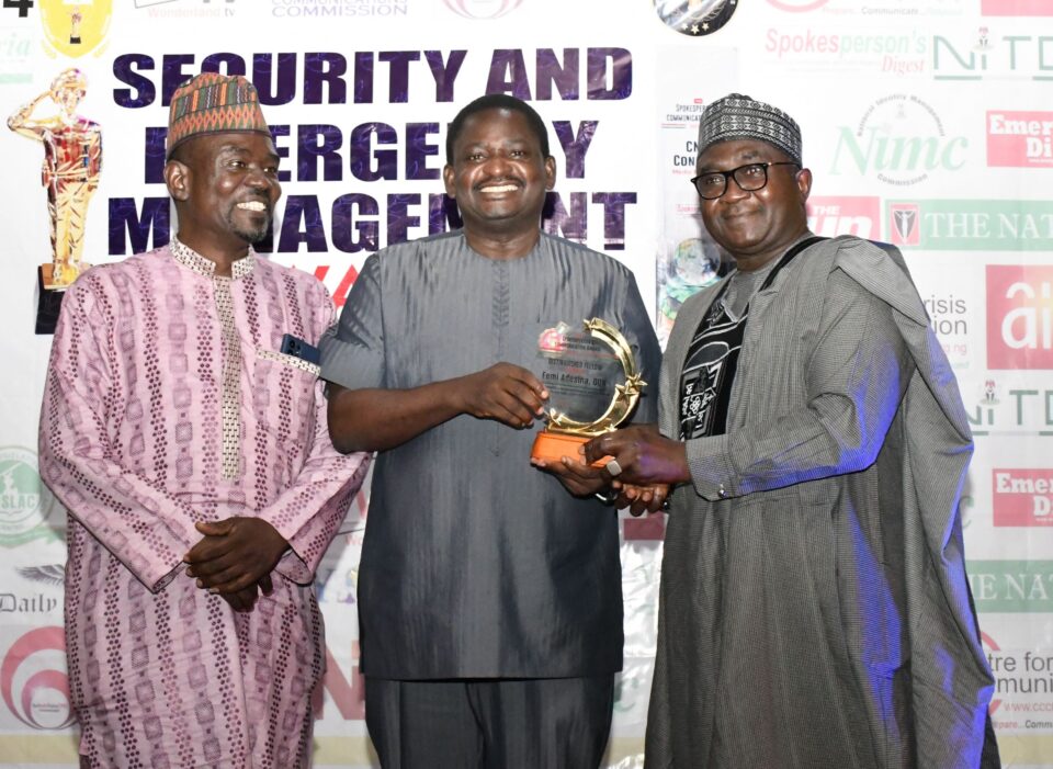 Yushau Shuaib of NIPR, Femi Adesina, Presidential Spokesperson and Mal Mukhtar Sirajo, President of NIPR as Security and Communication Awards in Abuja