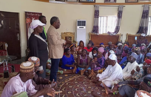 Participants at the e-Naira sensitisation workshop (R) at the Etsu of Bwari Palace listening with rapt attention to the organisers (L) led by the CEO of GOGETIT Investment Ltd, Mr Kenneth Hembe.