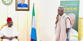 Governor Abdullahi Sule (L) listening to the Executive Secretary of the National Sugar Development Council (NSDC), Mr Kamar Bakrin (R), who paid him a courtesy visit in the Government House in Lafia, Nasarawa state.