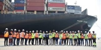 The massive container vessel, MAERSK EDIRNE, and crew members, on arrival at the Lekki Seaport in Lagos on Sunday.