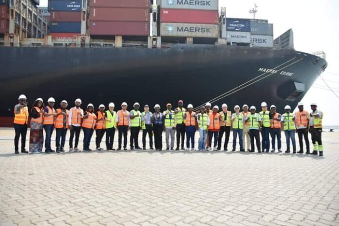 The massive container vessel, MAERSK EDIRNE, and crew members, on arrival at the Lekki Seaport in Lagos on Sunday.