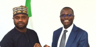 Chairman of the Independent Corrupt Practices and Other Related Offences Commission (ICPC), Dr Musa Adamu Aliyu (R), receiving his counterpart in the Federal Inland Revenue Service (FIRS), Dr Zacch Adedeji, who paid him a courtesy visit in his office.