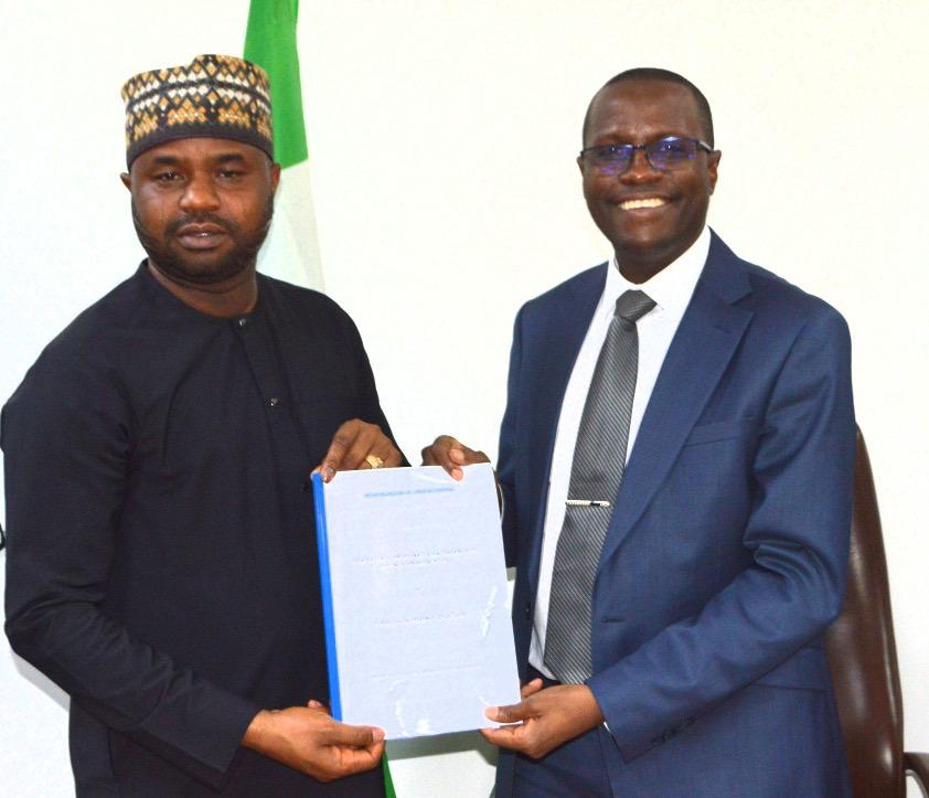 Chairman of the Independent Corrupt Practices and Other Related Offences Commission (ICPC), Dr Musa Adamu Aliyu (R), receiving his counterpart in the Federal Inland Revenue Service (FIRS), Dr Zacch Adedeji, who paid him a courtesy visit in his office.