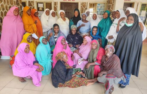A group of Hospital attendants alongside Dr, Mairo Mandara, Dr. Mina Eudely and Oluwaseyi Akinlaja (A midwife)