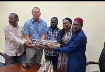(R-L) The Director/ Interim Coordinator of the Nigeria Sugar Institute (NSI), Dr. Abiodun O. Adeyemo, the Assistant Head of Field Operations, Enahoro-Ofagbe Faith, the Acting Head of Field Operations, Omoleye Wonsebolatan, the Agric Manager of Golden Sugar Company (GSC), Mr Herman Smith, and the GSC Agronomist, Mr. M. Venkat, when the NSI presented seed cane to the GSC for multiplication in the 2024/2025 planting season.