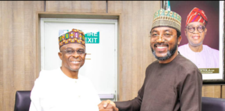 The outgoing Managing Director of the Nigerian Ports Authority, Mohammed Koko(Right) handing over to the new Managing Director, Dr. Abubakar Dantsoho at the NPA headquarters in Lagos on Monday.