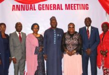 Caption: L-R: Company Secretary, SUNU Assurances Nigeria Plc, Mrs. Taiwo Kuku; Executive Director, Sunu Assurances Nigeria Plc, Mr. Elie Ogounigni; Independent Non- Executive Director, Hajia Taizir Ajala; Chairman, Sunu Assurances Nigeria Plc, Mr. Kyari Abba Bukar; Independent Non-Executive Director, Sunu Assurances Nigeria Plc, Mrs. Olajumoke Bakare; Managing Director/Ceo, Sunu Assurances Nigeria Plc, Mr. Samuel Oghenebrume Ogbodu; Independent Non – Executive Director, Sunu Assurances Nigeria Plc, Hajia Aisha Abubakar, during the Annual General Meeting held on Thursday, 15th August, 2024 at BWC Hotel, Ahmadu Bello Way, Victoria Island, Lagos. Hide trimmed content