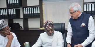 The Executive Secretary of the National Sugar Development Council (NSDC), Mr. Kamar Bakrin (M); his Senior Adviser, Mr. Teslim Bello (L); and the representative of India’s Uttam Sucrotech International, Mr. Sanjiv Gulati (R), at the meeting.