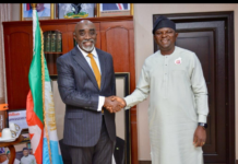 The Minister of Water Resources, Engr. Joseph Utsev (R), and the Executive Secretary/CEO of the National Sugar Development Council (NSDC), Mr. Kamar Bakrin (L), when the duo met in Abuja to discuss solutions to the irrigation challenges faced by sugar estates across the country.