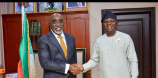 The Minister of Water Resources, Engr. Joseph Utsev (R), and the Executive Secretary/CEO of the National Sugar Development Council (NSDC), Mr. Kamar Bakrin (L), when the duo met in Abuja to discuss solutions to the irrigation challenges faced by sugar estates across the country.