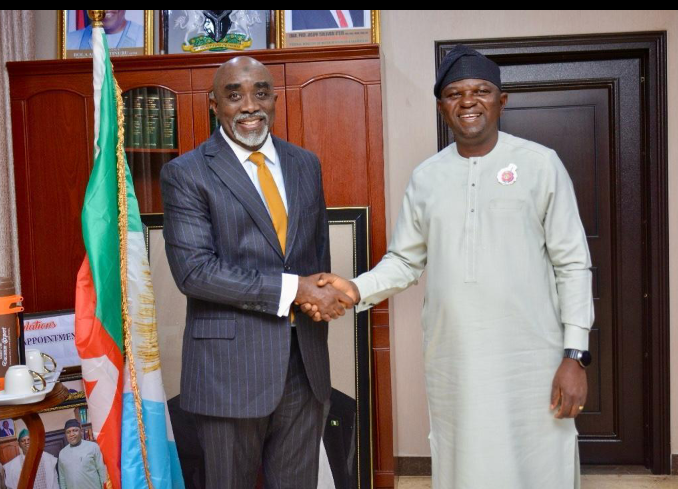 The Minister of Water Resources, Engr. Joseph Utsev (R), and the Executive Secretary/CEO of the National Sugar Development Council (NSDC), Mr. Kamar Bakrin (L), when the duo met in Abuja to discuss solutions to the irrigation challenges faced by sugar estates across the country.