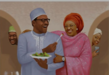 A cartoon of Ex President Muhammadu Buhari and wife