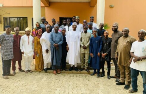 The immediate-past Minister of Communications and Digital Economy, Prof. Isa Ali Ibrahim (Pantami), CEO IMPR Alhaji Yushau Shuaib, guests and Staff at the commissioning of the newly built mosque at PRNigeria Centre, Wuye, Abuja