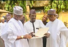 The immediate-past Minister of Communications and Digital Economy, Prof. Isa Ali Ibrahim (Pantami), CEO IMPR Alhaji Yushau Shuaib and guests at the commissioning of the newly built mosque at PRNigeria Centre, Wuye, Abuja