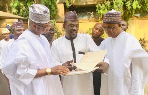 The immediate-past Minister of Communications and Digital Economy, Prof. Isa Ali Ibrahim (Pantami), CEO IMPR Alhaji Yushau Shuaib and guests at the commissioning of the newly built mosque at PRNigeria Centre, Wuye, Abuja