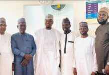 The immediate-past Minister of Communications and Digital Economy, Prof. Isa Ali Ibrahim (Pantami), CEO IMPR Alhaji Yushau Shuaib and guests at the commissioning of the newly built mosque at PRNigeria Centre, Wuye, Abuja