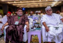 From the right: Minister of Regional Development Engr. Abubakar Momoh FNSE with Minister of State H.E. Uba Maigari Ahmadu during the retreat